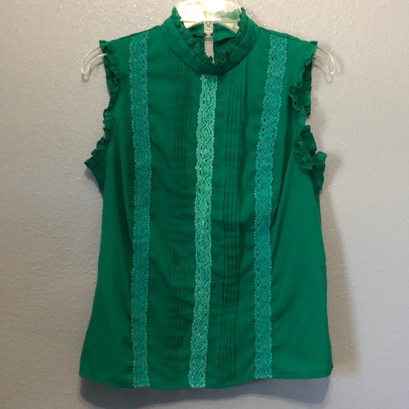 ruffle blouse Women's M green vintage inspired high collar lace EUC shirt top - Picture 11 of 11